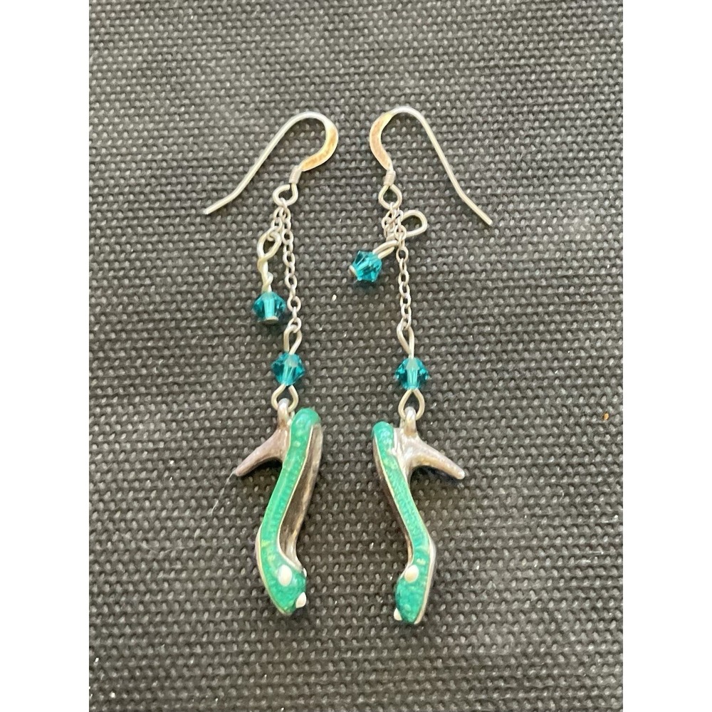 925 Sterling Silver green enameled stiletto high heel shoe dangle earrings